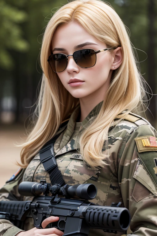 soldier fortune,beautiful young European woman, flattering golden hair, style sunglasses,camouflage uniform,snipers ruffle M-16,realistic,real photorealistic,