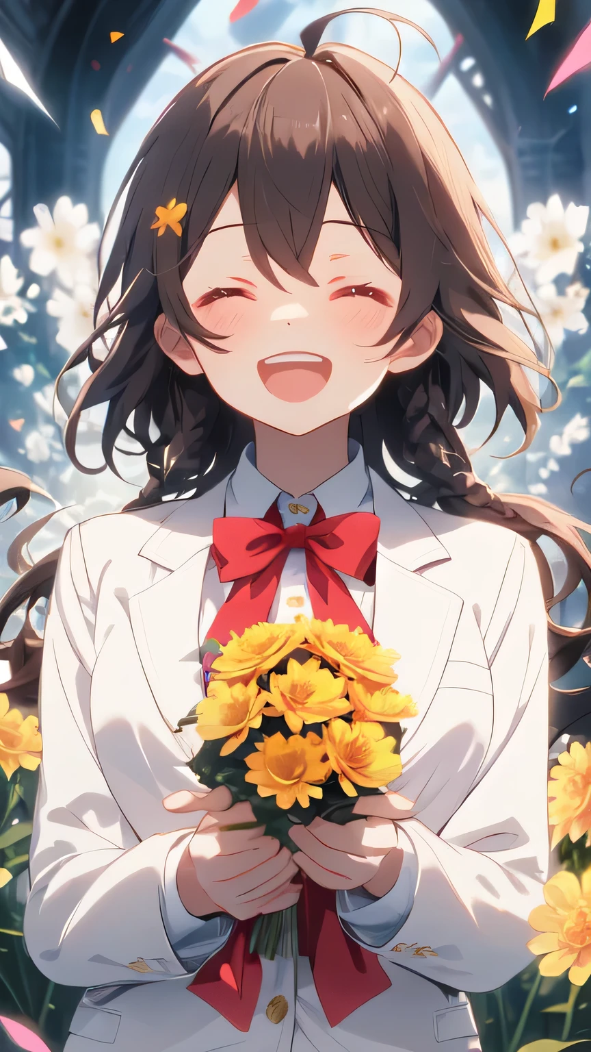 Anime girl holding a bouquet of flowers in front of a window - SeaArt AI