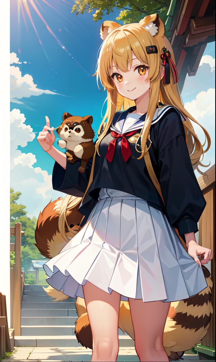 girl、smile、high 、Tanuki Costume、Tanuki's Tail、skirt、(Small breasts)、