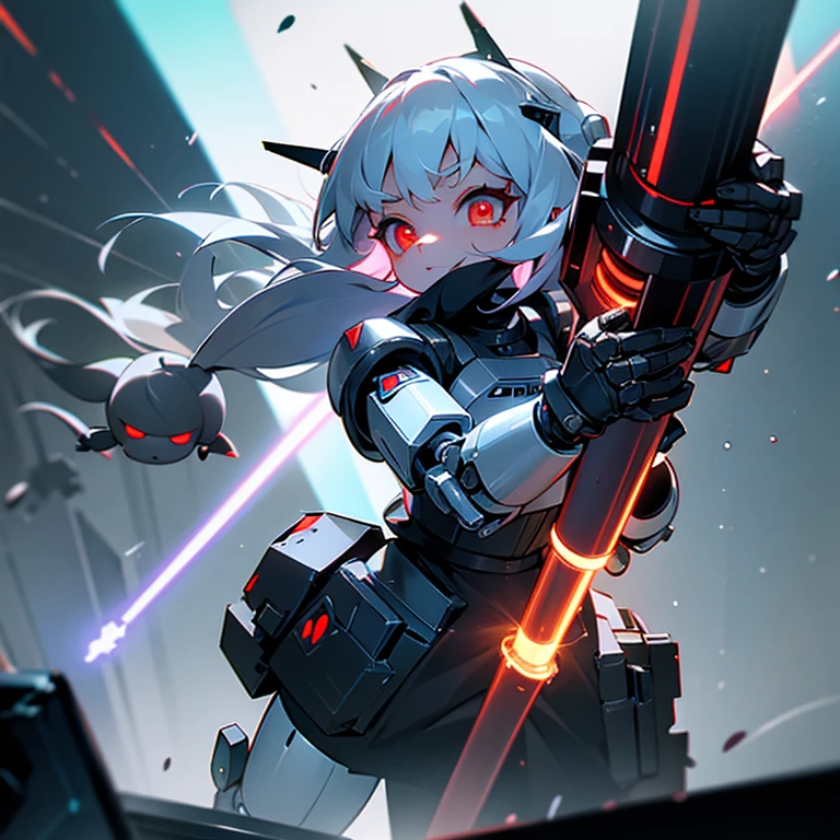 The android girl on the right (white hair, broken armor, extremely cute, lightsaber in left hand, beam rifle in right hand, , , big eyes, inappropriate smiling expression, mouth open) ,AND, on the left Robot (powerful, black body, red eyes, lumpy, mechanical, doll robot, two hands are hammers),overquality,HD,side、Full body cut