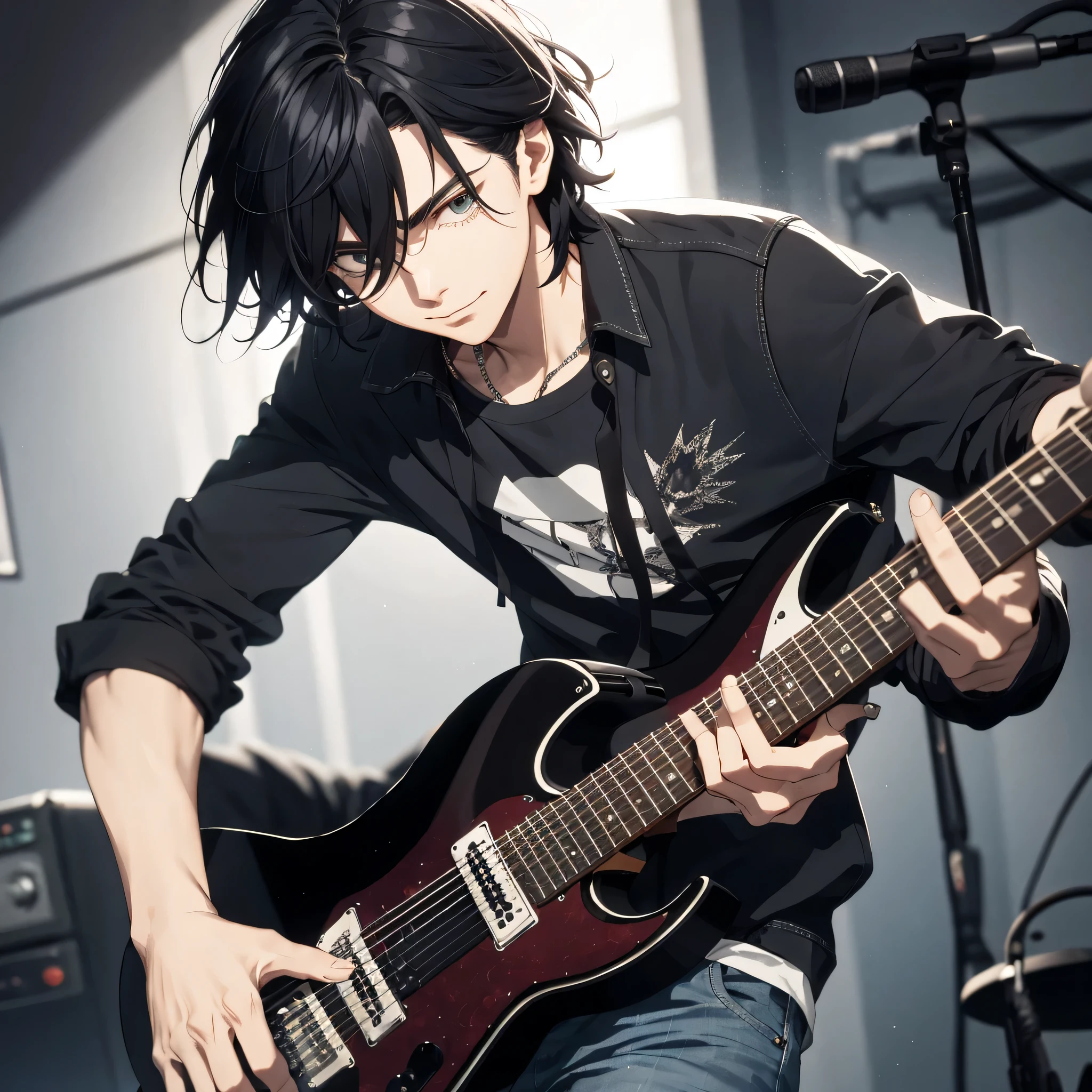 Garoto Antisocial Rockero, playing the guitar with a sad expression Heavy black hair falling over his eyes, capuz baixo coberto de filhos de franjas
Traje emprestado, com botas pretas e jeans estreitos, playing black electric guitar Not even the brightest light can dazzle this sadness that reigns in your eyes, the sharp and precise fingers move rhythmically and passionately over the guitar strings Subtle shadows of darkness