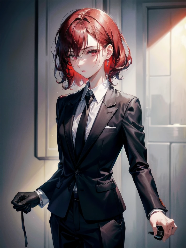 Black gloves, Formal suit, tie, Jacket, pants, absurdres, RAW photo, extremely delicate and beautiful, masterpiece, Best Quality, ultra high resolution, 32k, hyperrealistic, ultra-detailed, detailed description, pale skin, 20 years old, tearful mole, earring, short medium hair, wavy hair, whole body shot, Redhead, Red eyes,