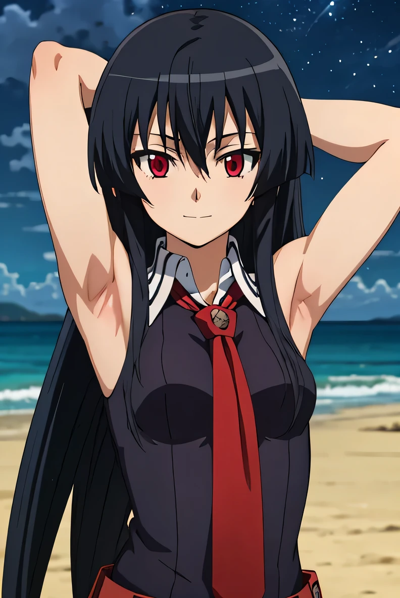 solo, 1girl, looking at viewer, 2D, anime, anime coloring, upper body, akame, necktie, sleeveless, looking at viewer, closed mouth, small smile, solo, night sky, beach, {arms behind head}, contrapposto, spread armpits,