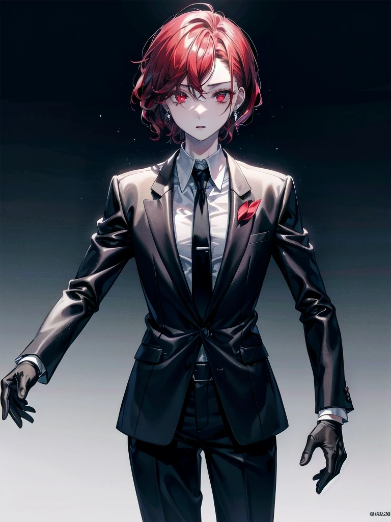 Black gloves, Formal suit, tie, Jacket, pants, absurdres, RAW photo, extremely delicate and beautiful, masterpiece, Best Quality, ultra high resolution, 32k, hyperrealistic, ultra-detailed, detailed description, pale skin, 20 years old, tearful mole, earring, short medium hair, wavy hair, whole body shot, Redhead, Red eyes, 