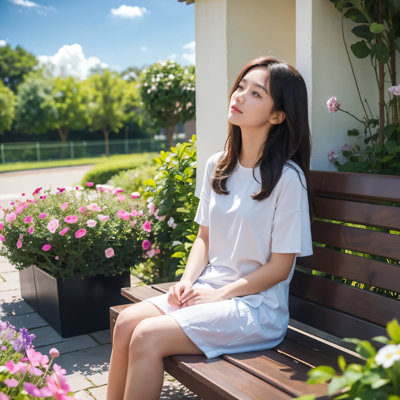 Girl sitting on a bench at the doorstep looking at the sky，Lots of flowers around