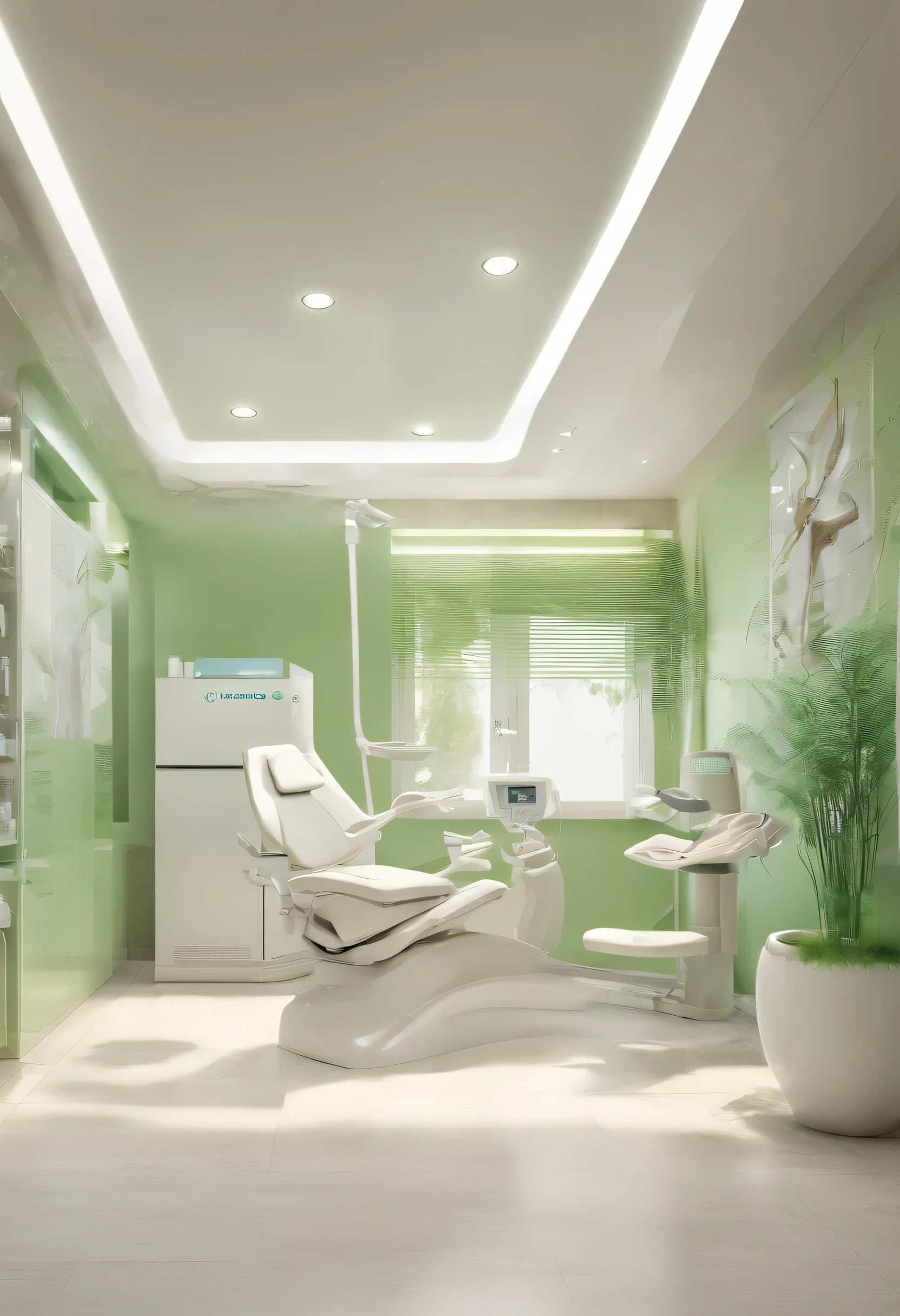 Highest quality, highest quality, dental clinic, dentist, interior, interior decoration, white, beige, light green, bright atmosphere