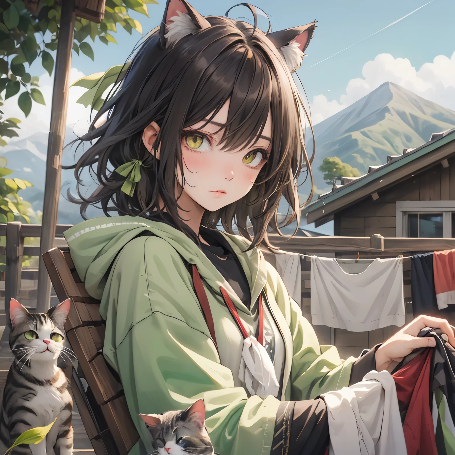 Hang the laundry out to dry、Cat ears with matcha green ribbon、Matcha brown hair、Matcha brown eyeatcha brown clotheountains of laundry、outside、Clear skies、Teased face、Angle horizontal