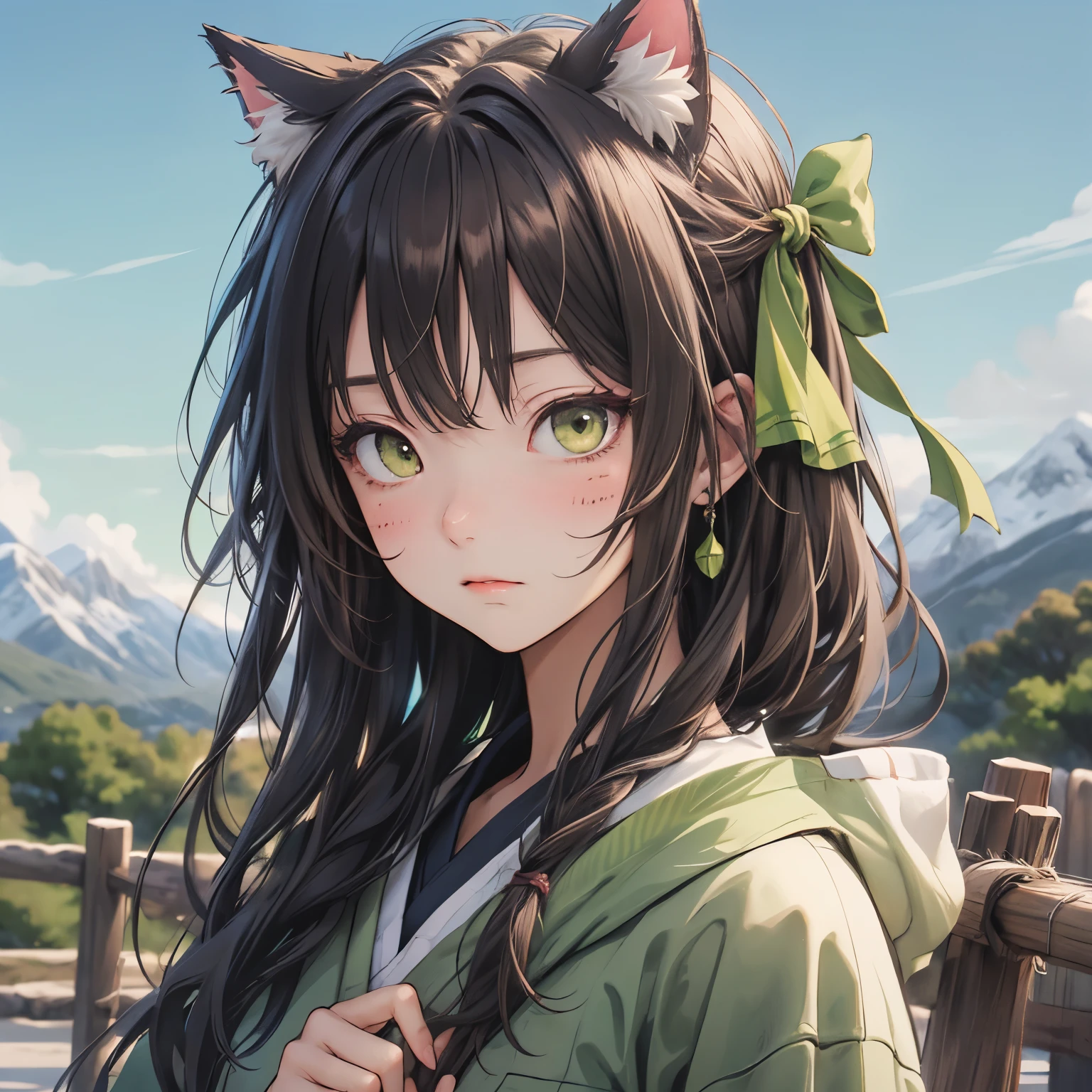 Cat ears with matcha green ribbon、Matcha brown hair、Matcha brown eyeatcha brown clothes、Hang the laundry out to dry、Mountains of laundry、outside、Clear skies、Teased face、Angle horizontal