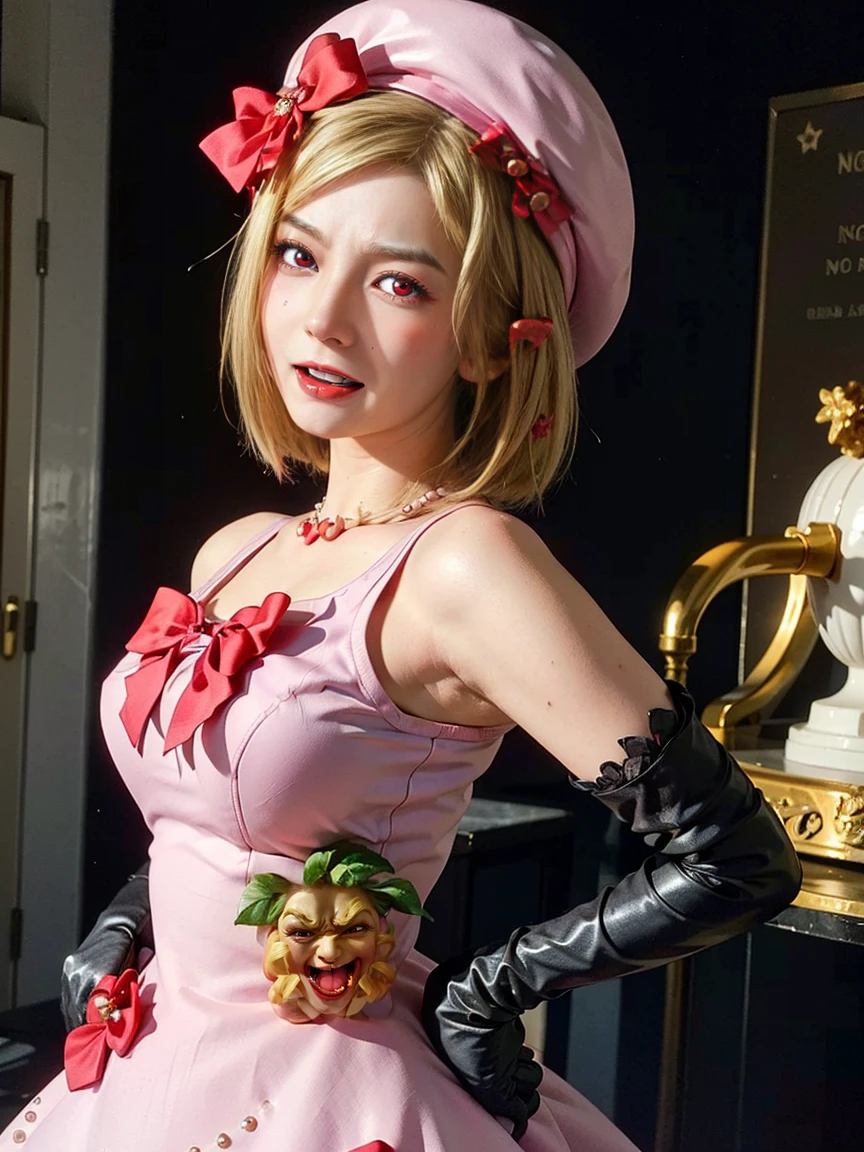 (1 lady), The beautiful, (Best quality at best:1.4), (ultra - detailed), (extremely detailed CG unified 16k), gold blonde hair, very detailed, High-definition RAW color photo, professional photoshooting, amazing face and eyes, cosmetics, (amazingly beautiful girl), ((lambdadelta, tall woman, taller)), ((dress, red bow, pink hat, necklace, gloves, pearl, pink dress)), standing, realistic cinematic face, photo portrait, upper body (shoulders to head), photorealistic, ((realistic natural blonde hair style, red eyes)), gorgeous, extremely beautiful face, perfect model beauty, pout mouth, flirting smile, cleavages, city girl, western, (masterpiece), best quality, high resolution, extremely detailed, blurred background, depth of field, cinematic lighting, clear and well-cared skin