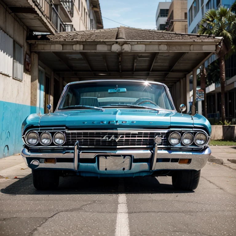 1964 chevy impala lowrider, blue body, chrome rims, white interior, street background.