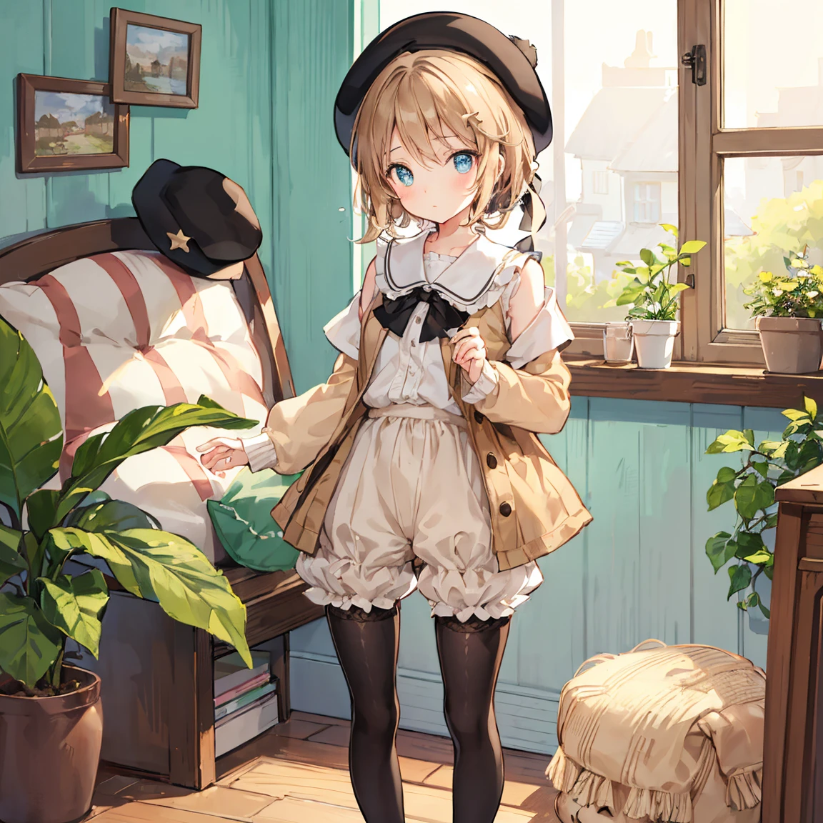Beautiful illustration, best quality, cute girl, (on a small cottage), sunlight illumination, pastel color, short brown hair, (Striped jersey)), Beige shorts, ((Black stockings)), ((Beret hat)), serene face, bright light, big eyes, ((Standing))