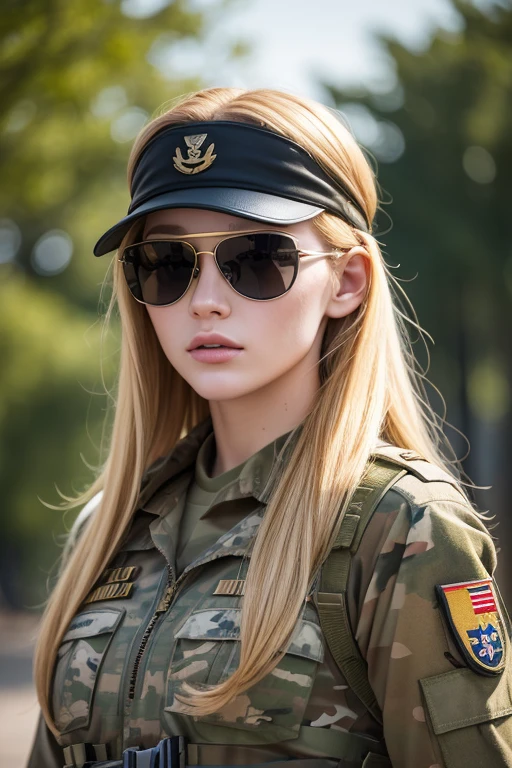 soldier fortune,beautiful young European woman, flattering golden hair,the jingle,sunlight,style sunglasses,camouflage uniform,snipers ruffle M-16,realistic,real photorealistic,