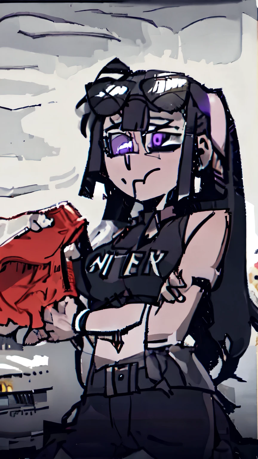 purple hair, purple eyes, wearing black clothes, big breasts, wearing shorts, sitting, gloomy, gloomy, intricate detail, 4k, highly detailed, hyperrealism,