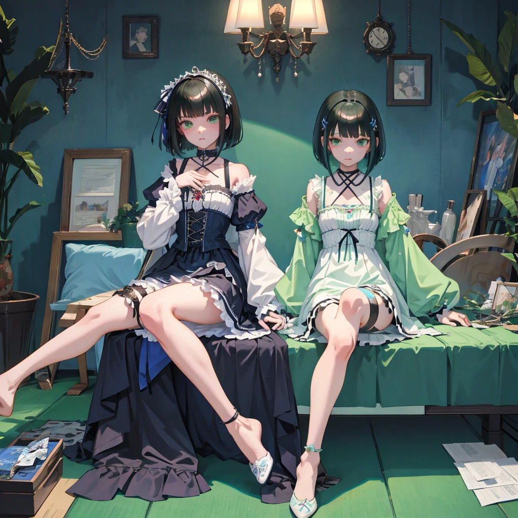 wariza，hand between legs，，（​masterpiece，Highest Quality），shortsleeves，Blue-green Gothic Lolita，Sleepy face，A dark-haired，Medium bob，utility knife，Small scissors、vtuber-fullbody、