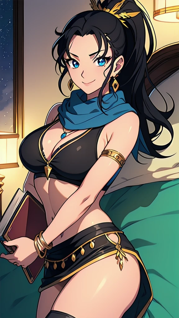 masterpiece, best quality, 1 solo girl, black hair, blue eyes, long hair, medium breasts, sexy body and face, wavy hair, smile, sleeveless shirt, scarf, black thigh-high, mini skirt, pendant, bracelet, jewelry, earrings, feather hair ornament, book, lying at the bed, night, sexy pose, cowboy shots, detailed body, face, and eyes, sharp focus, vibrant, creative, dynamic, high definition, high resolution, 8k, (Upscale: R-ESRGAN 4x+ Anime6mage enchance:4x), voluptuous body, cinema lightning, dakimakura style, looking at the viewer, ponytail