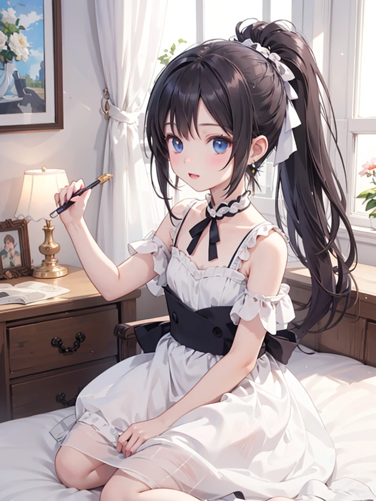 masterpiece, best quality, 1 girl, solo,4 years old, small breasts, Perfect Face, beautiful, nice, anime, girl, tradition, ph Bronya, Earrings, dress,long ponytail, bedroom,