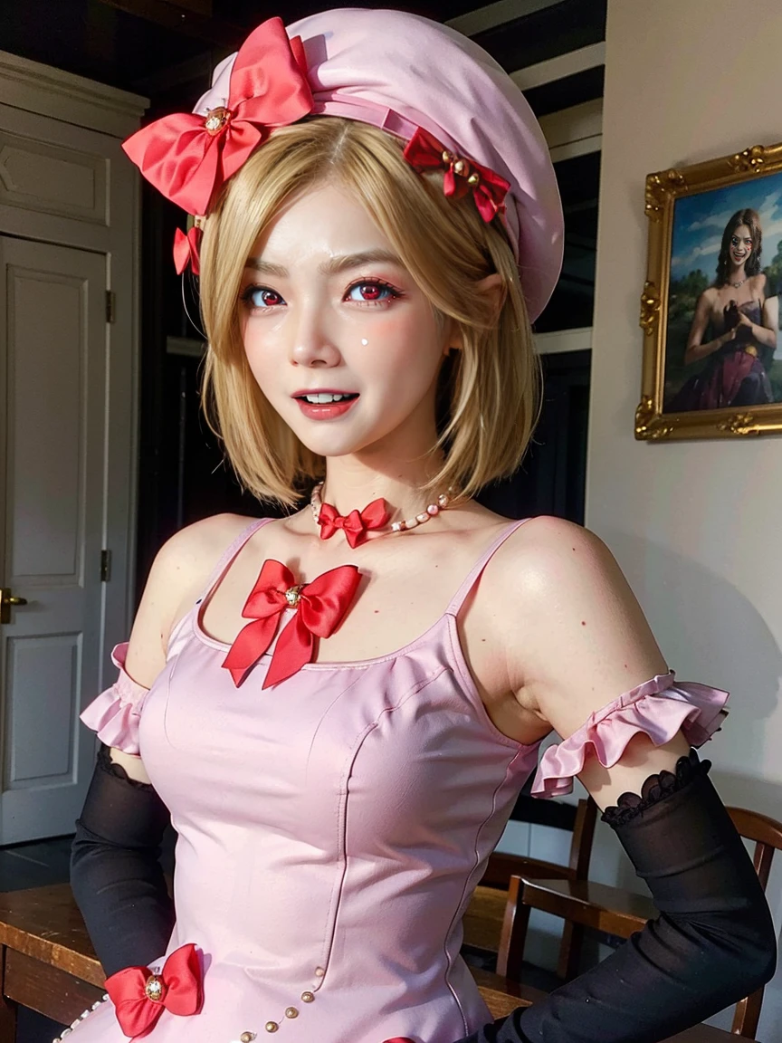 (1 lady), The beautiful, (Best quality at best:1.4), (ultra - detailed), (extremely detailed CG unified 16k), gold blonde hair, very detailed, High-definition RAW color photo, professional photoshooting, amazing face and eyes, cosmetics, (amazingly beautiful girl), ((lambdadelta, tall woman, taller)), ((dress, red bow, pink hat, necklace, gloves, pearl, pink dress)), standing, realistic cinematic face, photo portrait, upper body (shoulders to head), photorealistic, ((realistic natural blonde hair style, red eyes)), gorgeous, extremely beautiful face, perfect model beauty, pout mouth, flirting smile, cleavages, city girl, western, (masterpiece), best quality, high resolution, extremely detailed, blurred background, depth of field, cinematic lighting, clear and well-cared skin
