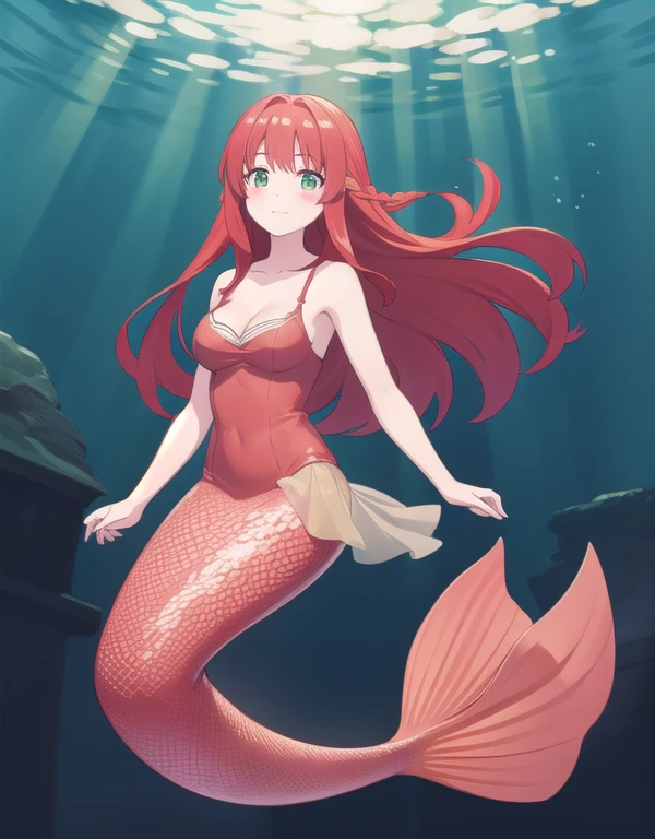 1girl, solo, red hair, long hair, cleavage, mermaid, underwater, looking at viewer, blush, happy, full body,