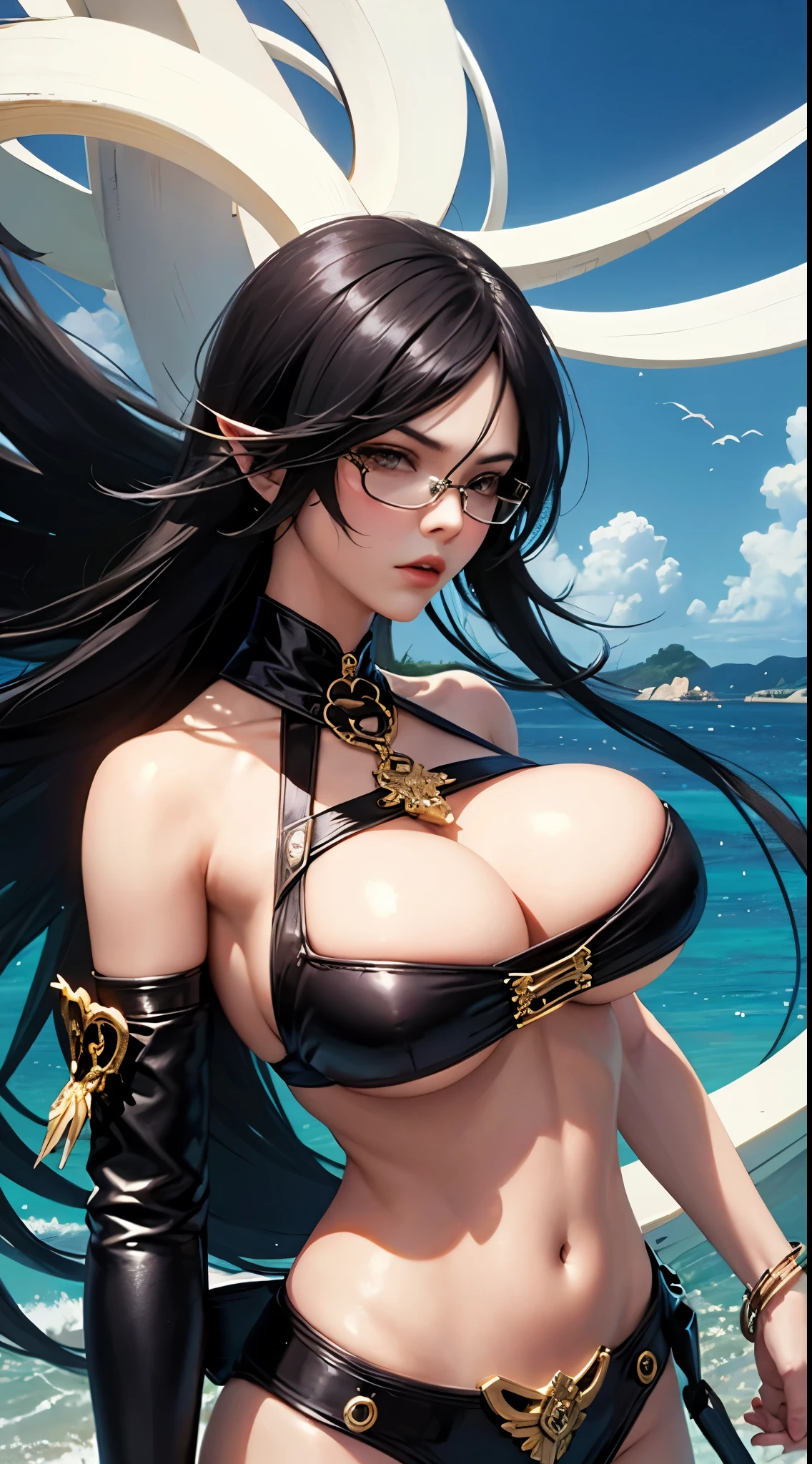 Bayonetta, nue (huge tits), Haut du corps, abdos, bikini comme s'ils n'existaient pas, deserted beach, gros seins, gigantesque seins, 4K ultra UHD, mains parfaites, cing doigts, yeux parfaits, bikini dentelle rouge