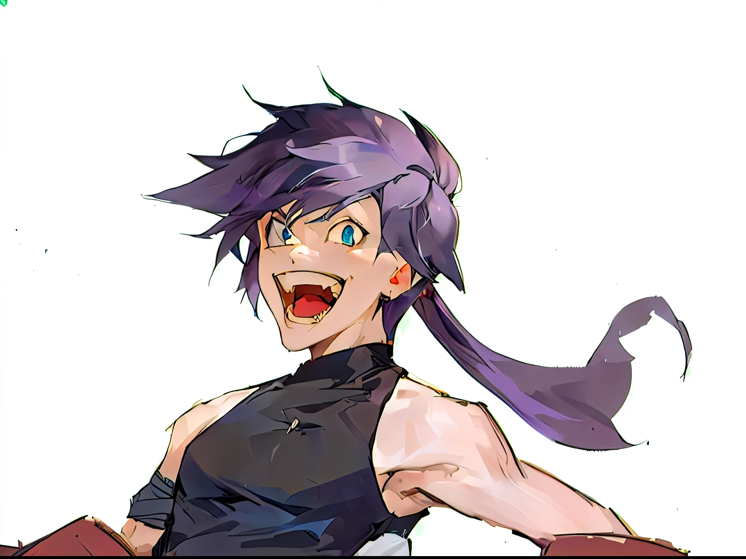 Purple Hair、Anime characters in black tops, [[[[smile evilly]]]], Expressing Joy. author：Krenz Kushat, Inspired by Masanobu Okumura, Crazy smile, Sly smile, Kushat Kents, Smiling face, smiling lewdly, 2D anime style, dramatic smirk pose
