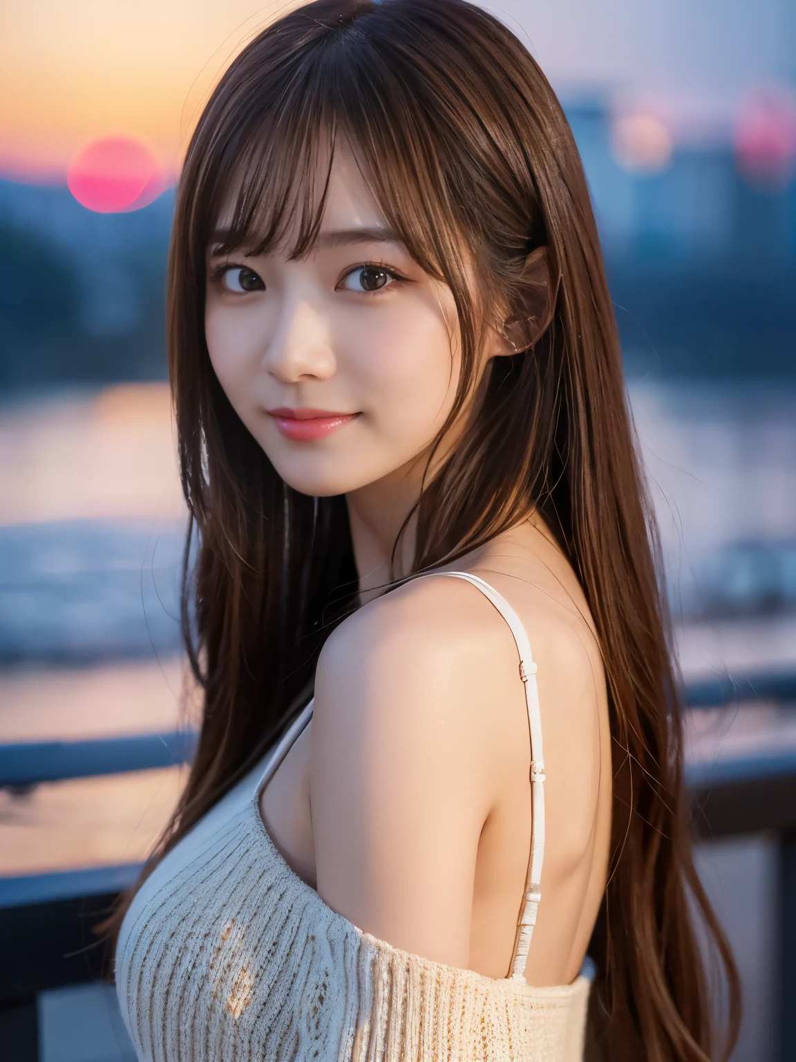 masterpiece、1 beautiful girl、Detailed eyes、Puffy eyes、highest quality, 超A high resolution, (Reality: 1.4), Cinema Lighting、Japanese、Asian Beauty、Super Beauty、Beautiful Skin、Slender、Body facing forward、(Surreal)、(High resolution)、(8k)、(Very detailed)、(Beautiful and detailed eyes)、(Ultra-detailed)、 (wall-)、Detailed face、Bright lighting、Professional Lighting、View your viewers、Look straight ahead、(The costume is a knit dress)、Long Hair, My hair is messy, Asymmetrical bangs, 、Night Scenery、Brown Hair、Japan is an idol、Korean Idol、Gravure idol pose、、21 years old、expensive, smile,