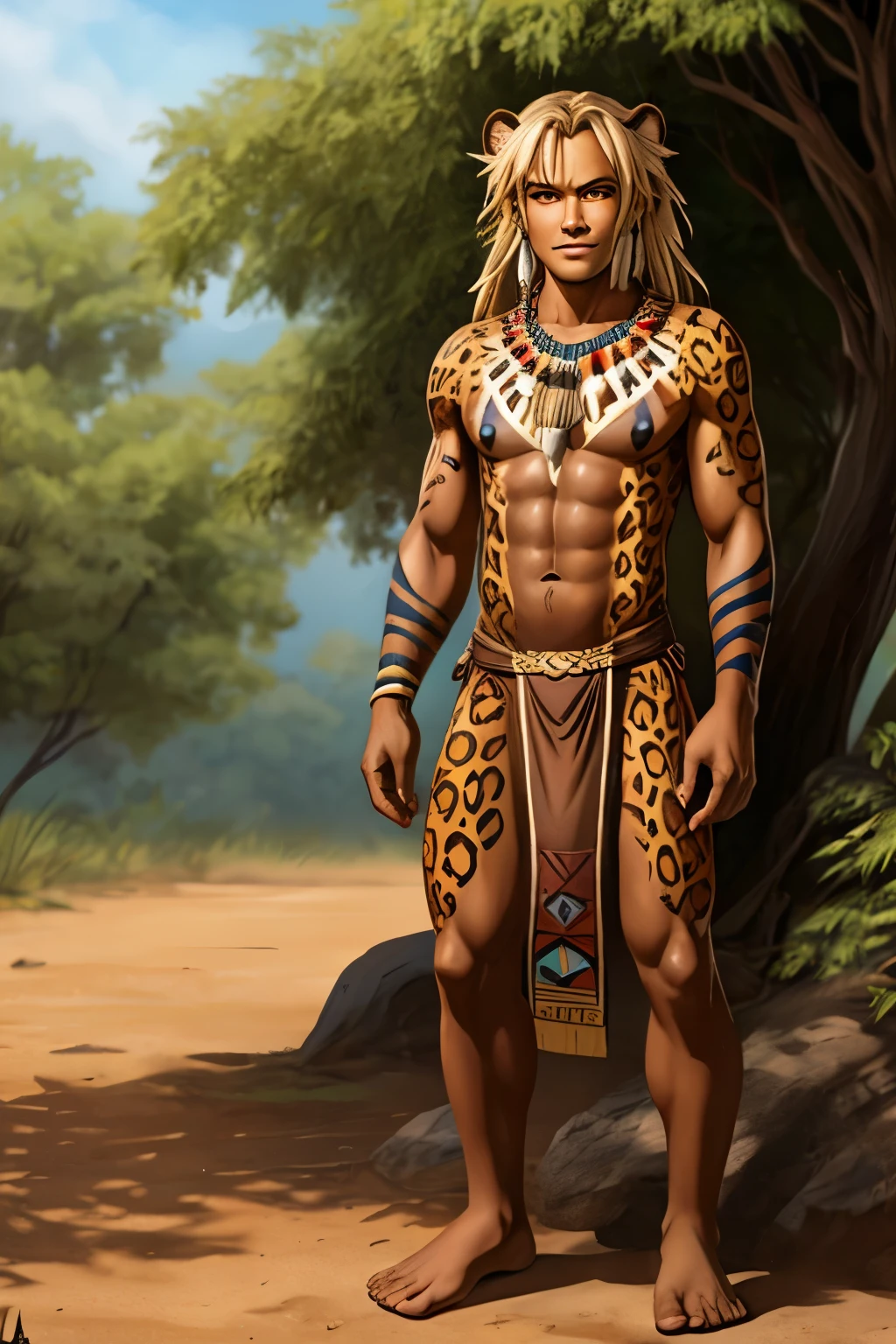 Toned African male, fit femboy, with predatory smirk, orange colored eyes, brown loincloth, dark skin, barefoot, human, solo, leopard ears, long blond messy hair, native, barefooter, bodypaint