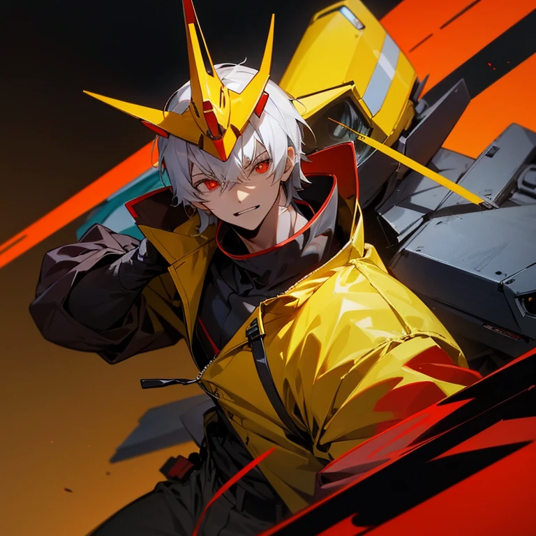 a mecha boy with Yellow Jacket, holding , red eyes, look like a villain, sadistic