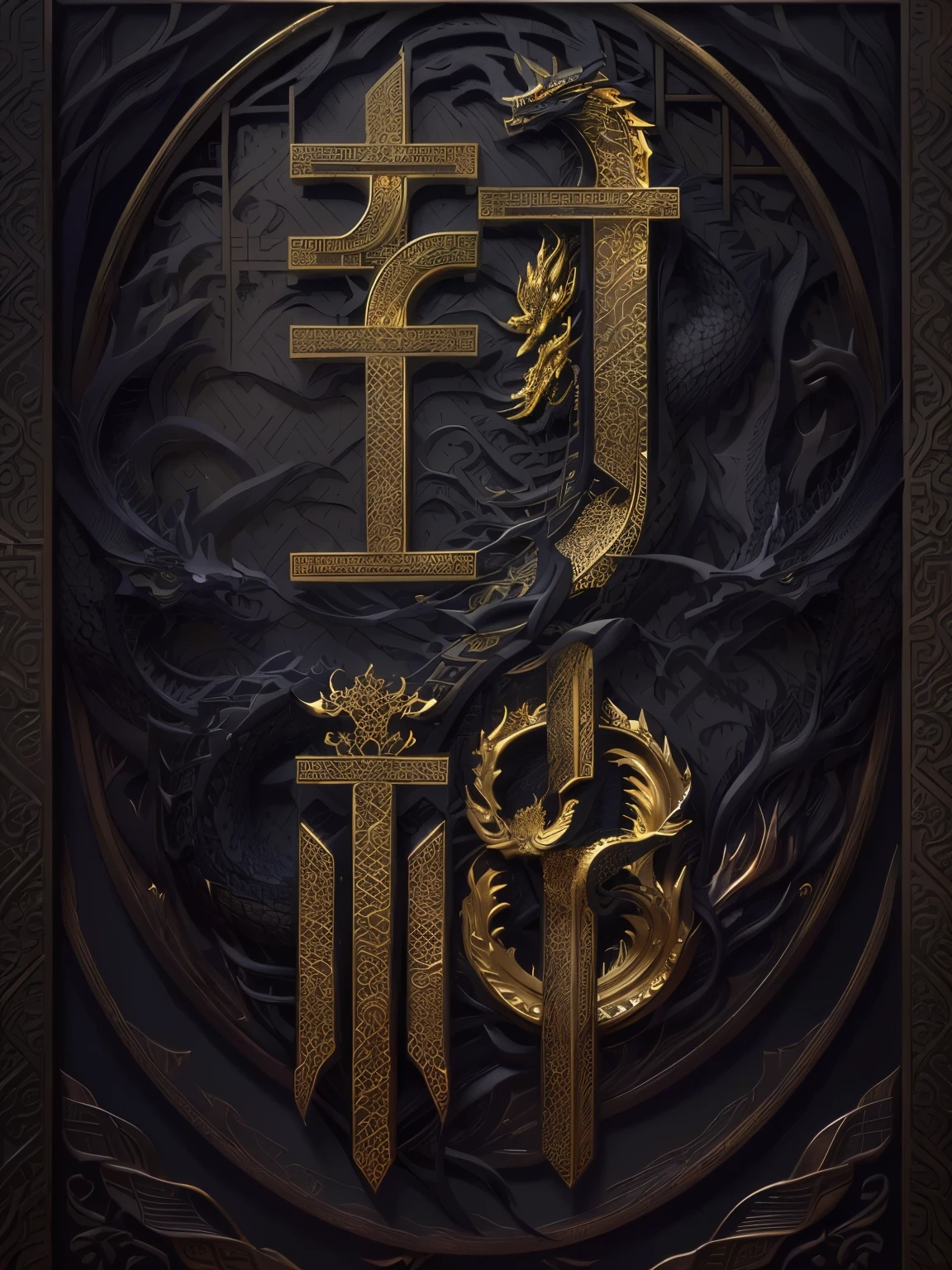 A metal three - dimensional Chinese traditional texture , Golden brass ., Dragon scales ., intricate , ornate , gold entwined vines and roots , black hollowed out dragons , highly detailed , art station , conceptual art , sharp focus , negative space , rose , dragon pattern , stars , borderless , masterpiece , best quality ,8k, insane details , intricate details , hyperdetailed , hyper quality , high detail , ultra detailed ,, masterpiece , best quality ,8k, insane details , intricate details , hyperdetailed , hyper quality , high detail , ultra detailed ,