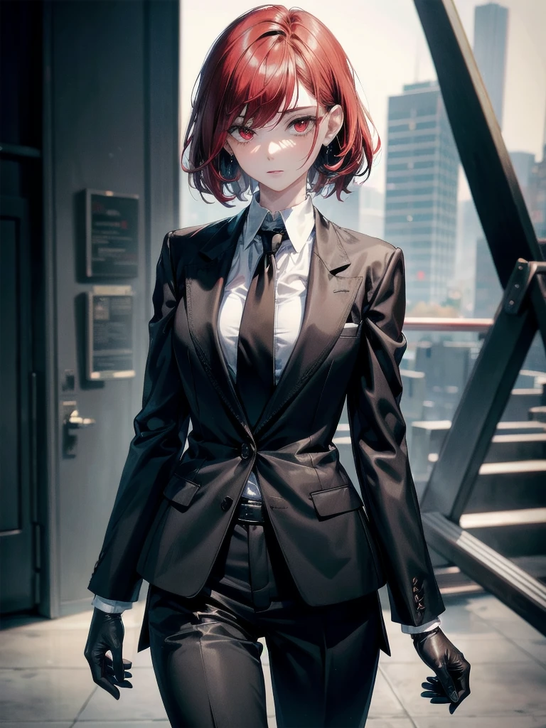 Black gloves, Formal suit, tie, Jacket, pants, absurdres, RAW photo, extremely delicate and beautiful, masterpiece, Best Quality, ultra high resolution, 32k, hyperrealistic, ultra-detailed, detailed description, pale skin, 20 years old, tearful mole, earring, big tits, short medium hair, wavy hair, whole body shot, Redhead, Red eyes, 