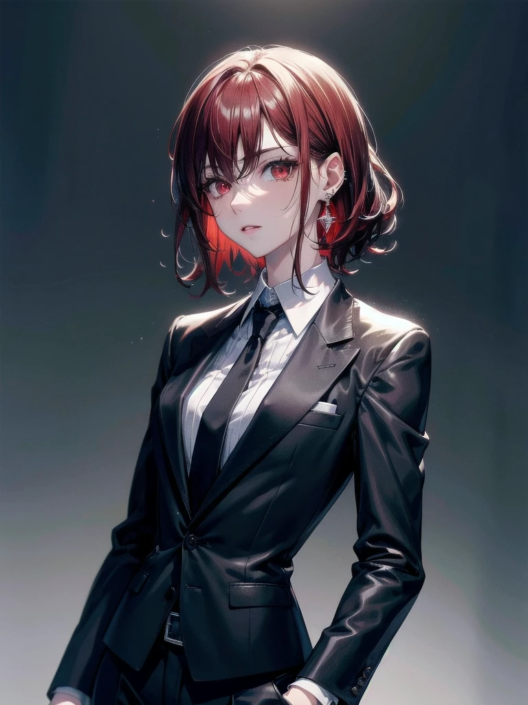 Black gloves, Formal suit, tie, Jacket, pants, absurdres, RAW photo, extremely delicate and beautiful, masterpiece, Best Quality, ultra high resolution, 32k, hyperrealistic, ultra-detailed, detailed description, pale skin, 20 years old, tearful mole, earring, big tits, short medium hair, wavy hair, whole body shot, Redhead, Red eyes,
