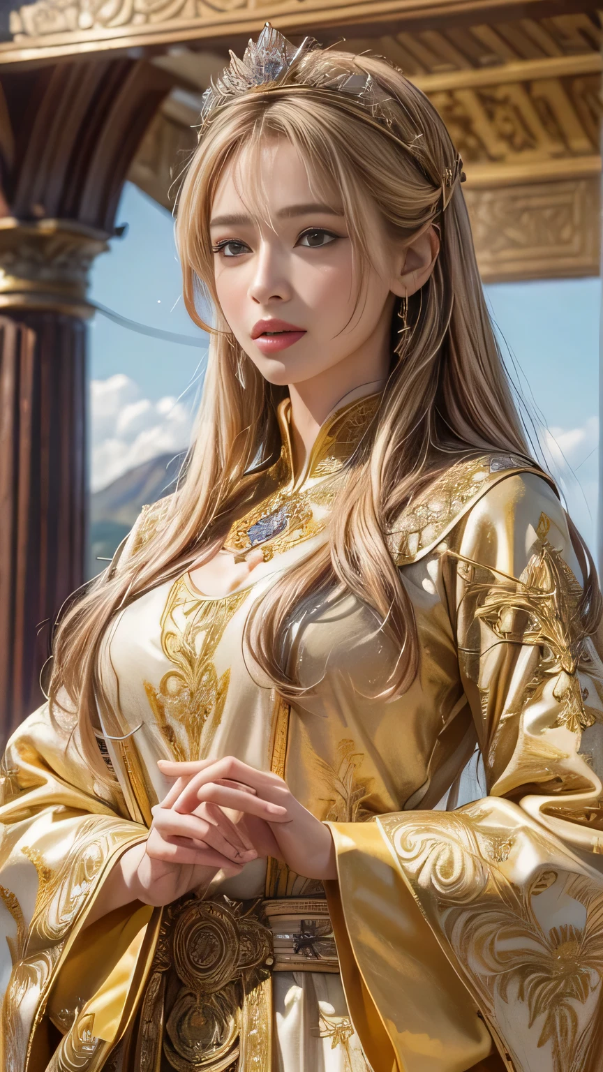 (highest quality,Very detailed,Realistic:1.37),Greek god tales, 女god, god々Queen of, Perfect facial balance, Fine grain, flowing golden hair, Vivid and smooth, Wearing elegant robes decorated with intricate patterns.