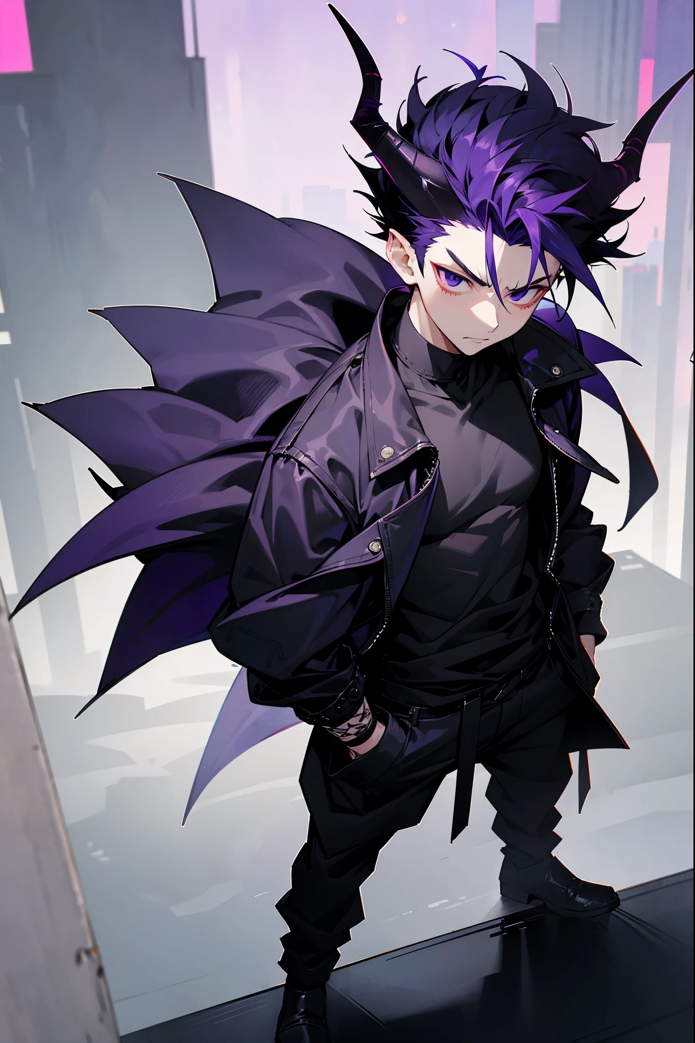 1male, dark purple hair, (curved black horns), demon horns, black eyes, short hair, spiked hair, somber expression, baggy black clothing, modern clothing, vibrant city background, standing on building, standing on path, detailed face, detailed background