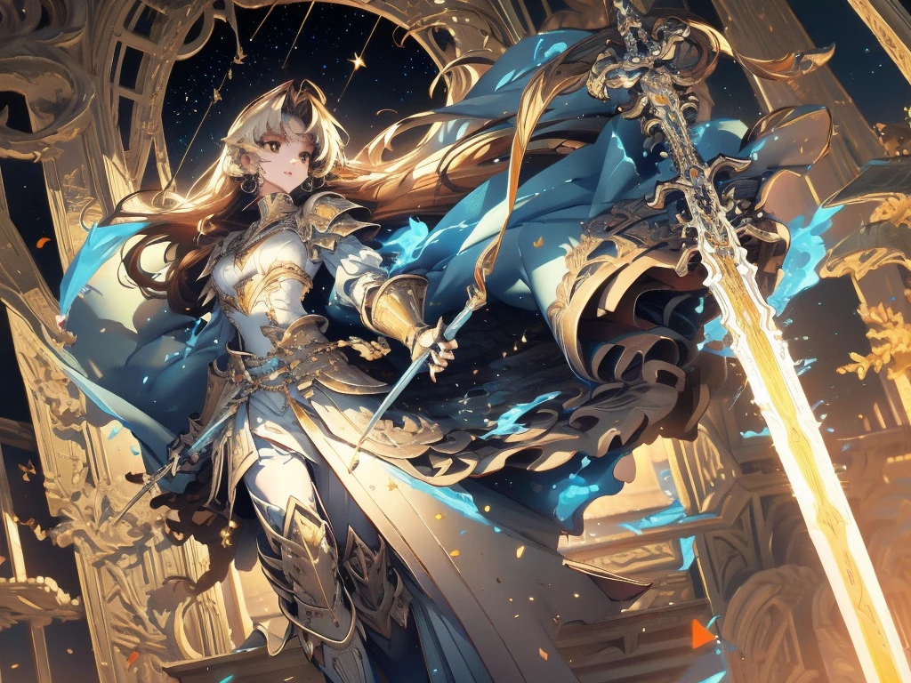 best quality, 4k, groove background, blury mountains, dusk, few stars and full moon with few clouds in the sky, full body girl, view from below, imponent stand, gold and blue paladin armor, no helmet, holding an glowing thin sword, very detailed armor with some white cloth parts, orange eyes, white long hair, god aura, realist ilumination, anime style.