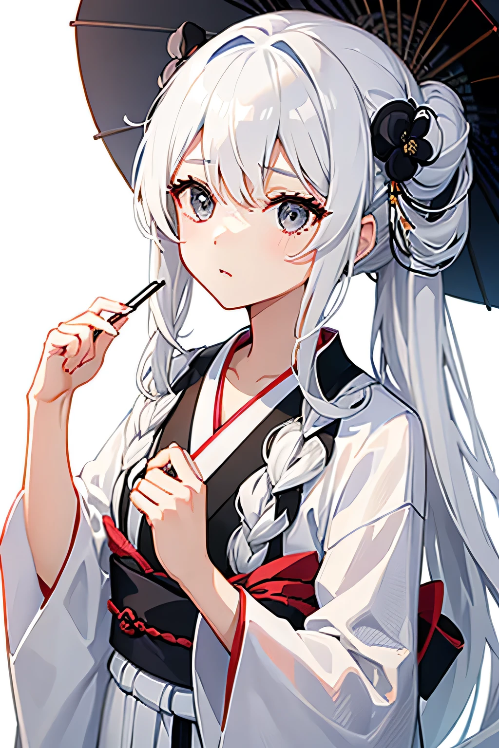 Girl with long white hair tied back, black eyes. Wearing a blanco yukata.