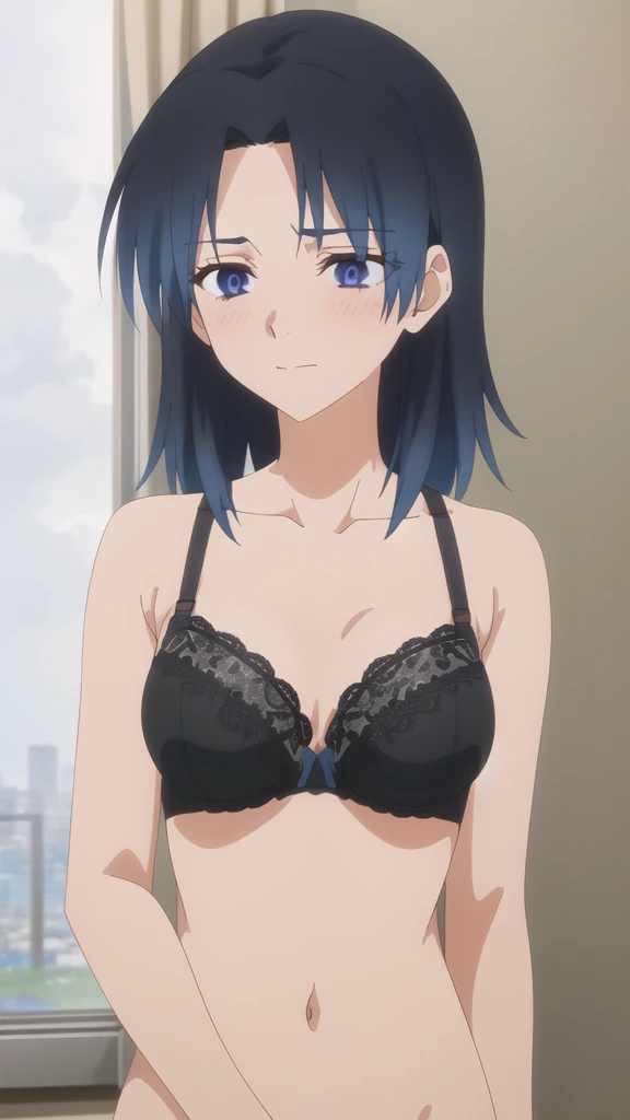 masterpiece, high quality, 8k, Beautiful lighting,sunny day,1girls,Ai Kmiya, {{{{{pov,nsfw:1.9}}}}}, {{{{{(nude)}}}}},,,((medium breasts)),(slender body),,squinting,((black lace bra)),(close up),blush:0.9,black hair,medium hair