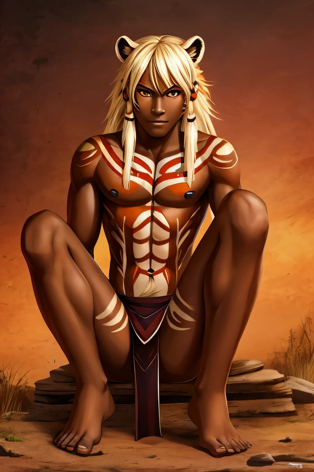 Toned African male, fit femboy, with predatory smirk, orange colored eyes, brown loincloth, dark skin, barefoot, human, solo, leopard ears, long blond messy hair, native, barefooter, bodypaint