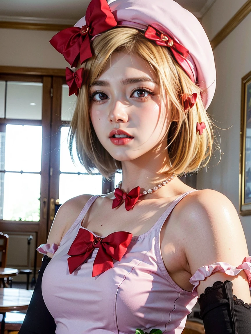 (1 lady), The beautiful, (Best quality at best:1.4), (ultra - detailed), (extremely detailed CG unified 16k), gold blonde hair, very detailed, High-definition RAW color photo, professional photoshooting, amazing face and eyes, cosmetics, (amazingly beautiful girl), ((lambdadelta, tall woman, taller)), ((dress, red bow, pink hat, necklace, gloves, pearl, pink dress)), standing, realistic cinematic face, photo portrait, upper body (shoulders to head), photorealistic, ((realistic natural blonde hair style, red eyes)), gorgeous, extremely beautiful face, perfect model beauty, pout mouth, flirting smile, cleavages, city girl, western, (masterpiece), best quality, high resolution, extremely detailed, blurred background, depth of field, cinematic lighting, clear and well-cared skin