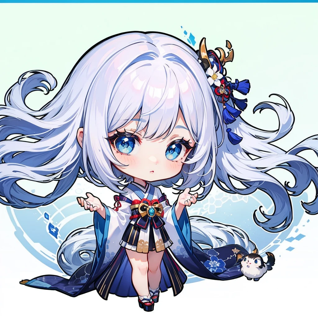 chibi, ((body complete)), ((high detailing)), ((high quality)), ((detailing hands)), 1 girl, long hair, upper hair is black to bottom hair is dark blue, ombre hairstyle, blue eyes, japanese outfit, Chibi style, transparent background, center position.