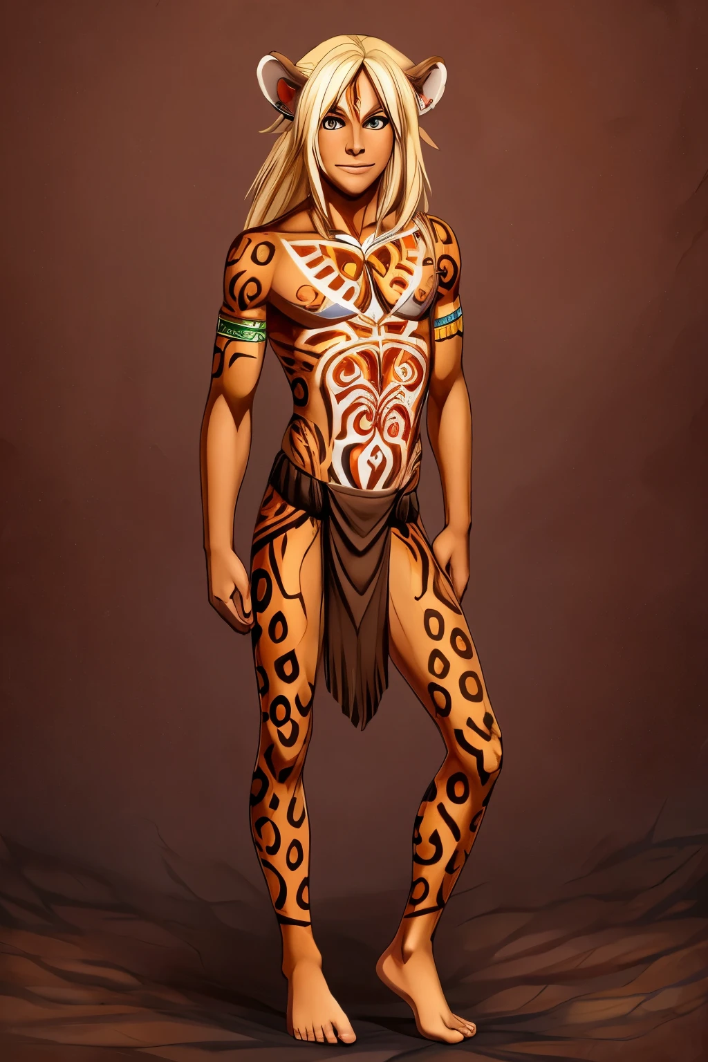 Toned African male, fit femboy, with predatory smirk, orange colored eyes, brown loincloth, dark skin, barefoot, human, solo, leopard ears, long blond messy hair, native, barefooter, bodypaint