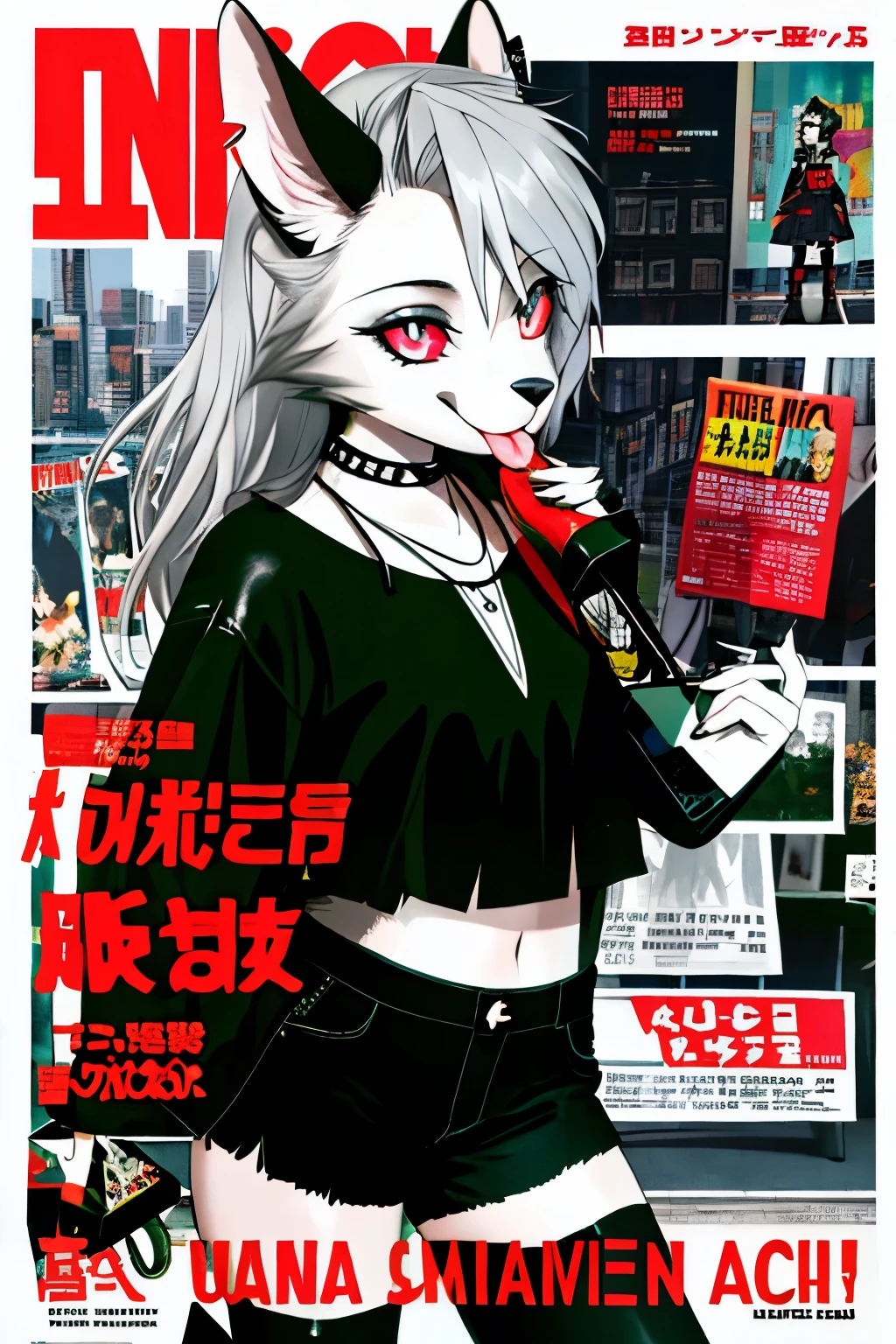 magazine cover, poster, text, model, fashionable, dark clothes, punk girl
Fuzzy fur, showing tongue, smile