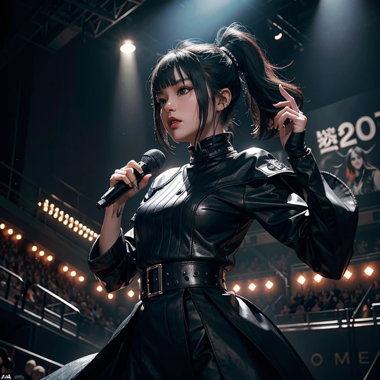 (masterpiece), best quality, expressive eyes, perfect face, Create a captivating digital artwork featuring a beautiful Japanese metal princess, the lead singer of a heavy metal band.
She should be standing at the edge of the stage, holding a big, heavy-looking microphone that is black and chrome in her hand as she sings with passion and intensity.
Her outfit should be a small, black leather ensemble that accentuates her fierce and commanding presence.
The perspective should be from the floor, looking up at her, with dramatic stage lighting illuminating the background.
The metal princess should have a distinctive black bob cut hairstyle with two ponytails, one on the left and one on the right.
Despite her small stature, she should be portrayed as a powerful, dominant presence on the stage.
Use a color palette of deep blacks, striking reds, and gleaming silver to capture the intensity and energy of the heavy metal performance.
Pay close attention to the details of her facial expression, capturing her passion and intensity as she performs.
The overall composition should be dynamic and engaging, capturing the raw power and emotion of the moment. No crossed eye