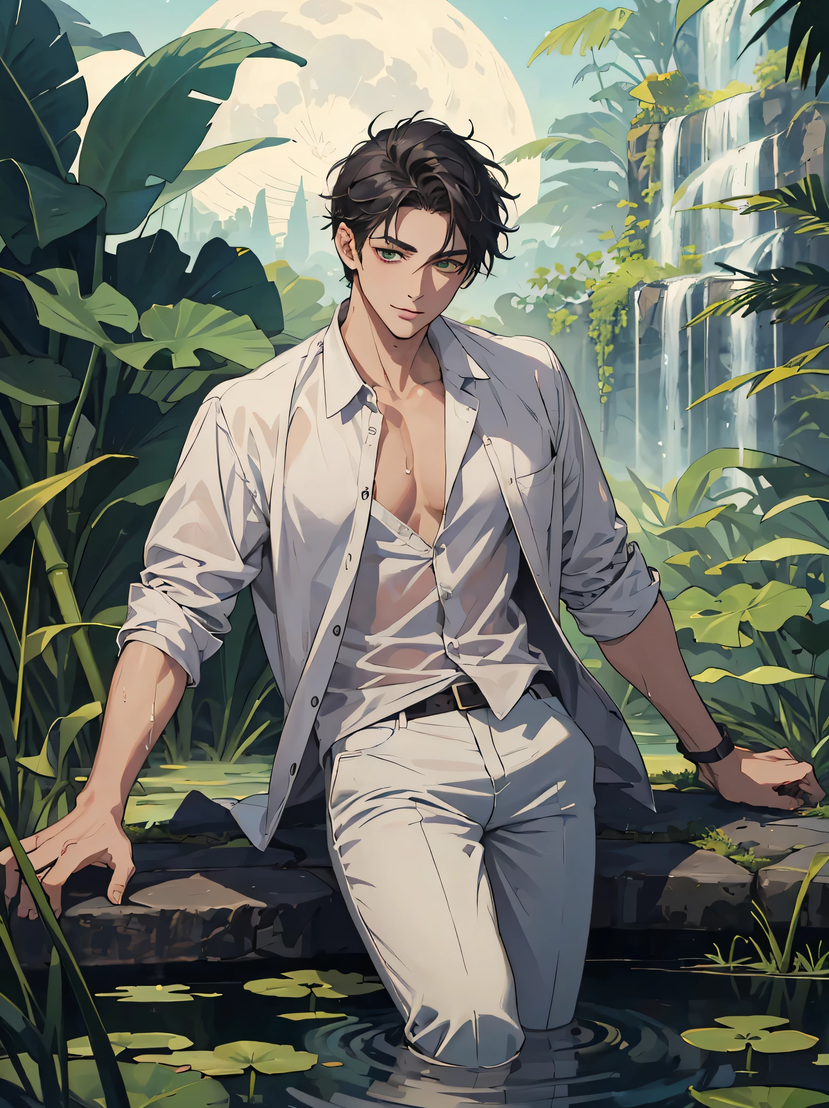 ((masterpiece,best quality)), 1 male, adult, handsome,full_moon, leaf, moon, plant, potted_plant, bamboo, 1guy, handsome man, palm_tree, water, tanabata, branch, barefoot, night, lily_pad, tanzaku, soaking_feet, vines, solo, outdoors, tree, very short black hair, wet, flower, smile, ivy, green_eyes, pants, lily_of_the_valley, sky, looking_at_viewer, palm_leaf, casual clothes, ((masterpiece,best quality)), beautiful detailed eyes, beautiful detailed face, white shirt, white pants

