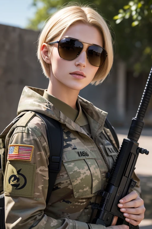 soldier fortune,beautiful young European woman, flattering golden hair,Short haircut,the jingle,sunlight,style sunglasses,camouflage uniform,snipers ruffle M-16,realistic,real photorealistic,