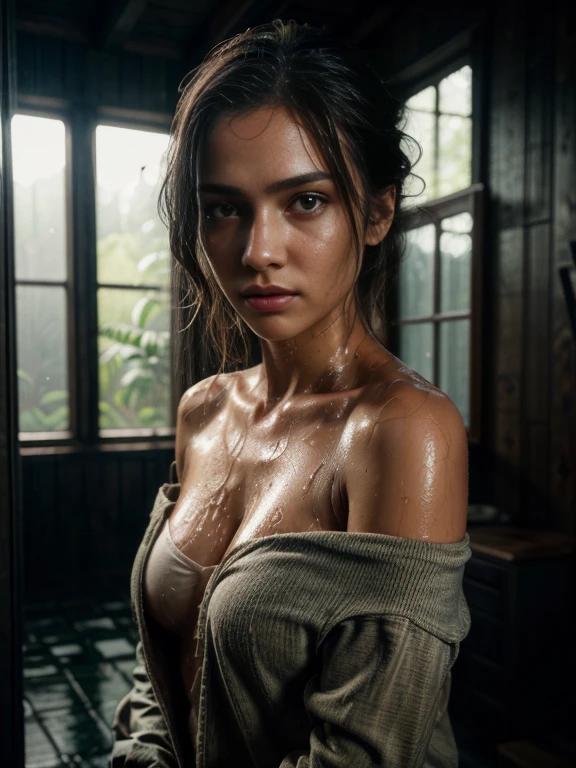 Naked beauty in steampunk style shows vagina bright lighting wet