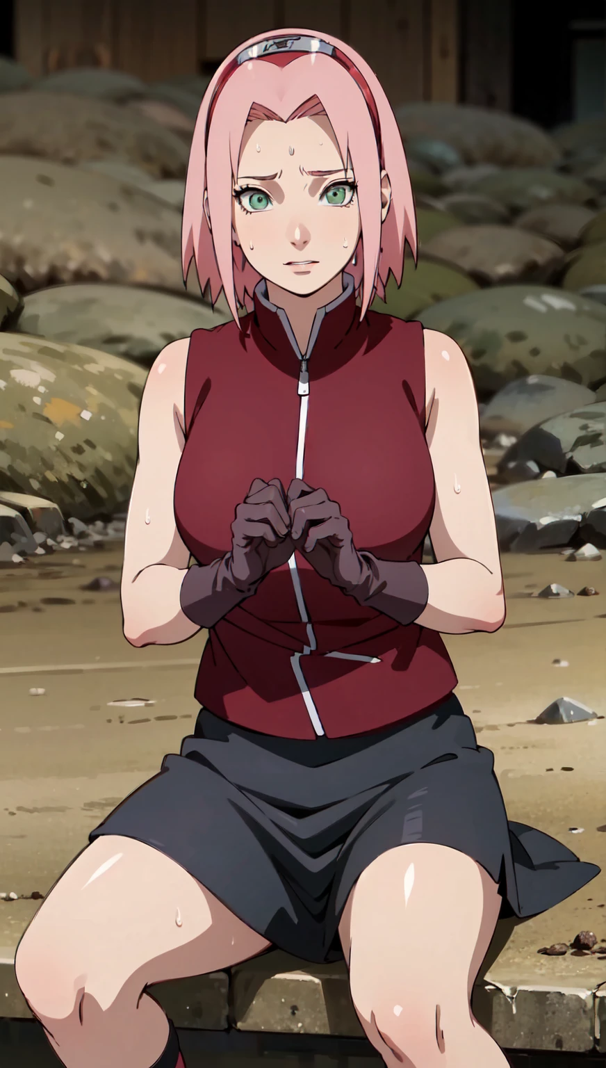 sakura shippuden, Red jacket, Bandaged leg, skirt, Closed-toe footwear, Black shorts, Sleeveless, bangs, Green Eyes, Large Breasts, Forehead protector, Symbol of Konohagakure, Black gloves, perfection, masterpiece, (highest quality, High resolution:1.2), One Girl, Beautiful details, Beautiful lip detail, Highly detailed eyes and face, Long eyelashes, Moderate:Oil, Vibrant colors, High resolution, Studio Lighting, Ultra-fine painting, Sharp focus, Physically Based Rendering, Very detailed explanation, Portraiture, ((Well-formed fingers)), Bent body, Big Breasts, perfectionな形, In-person audience, Sweatをかいた,  ((Sweat、Torn clothes、Dirt、土Dirt)),  Outdoor、Rocky area