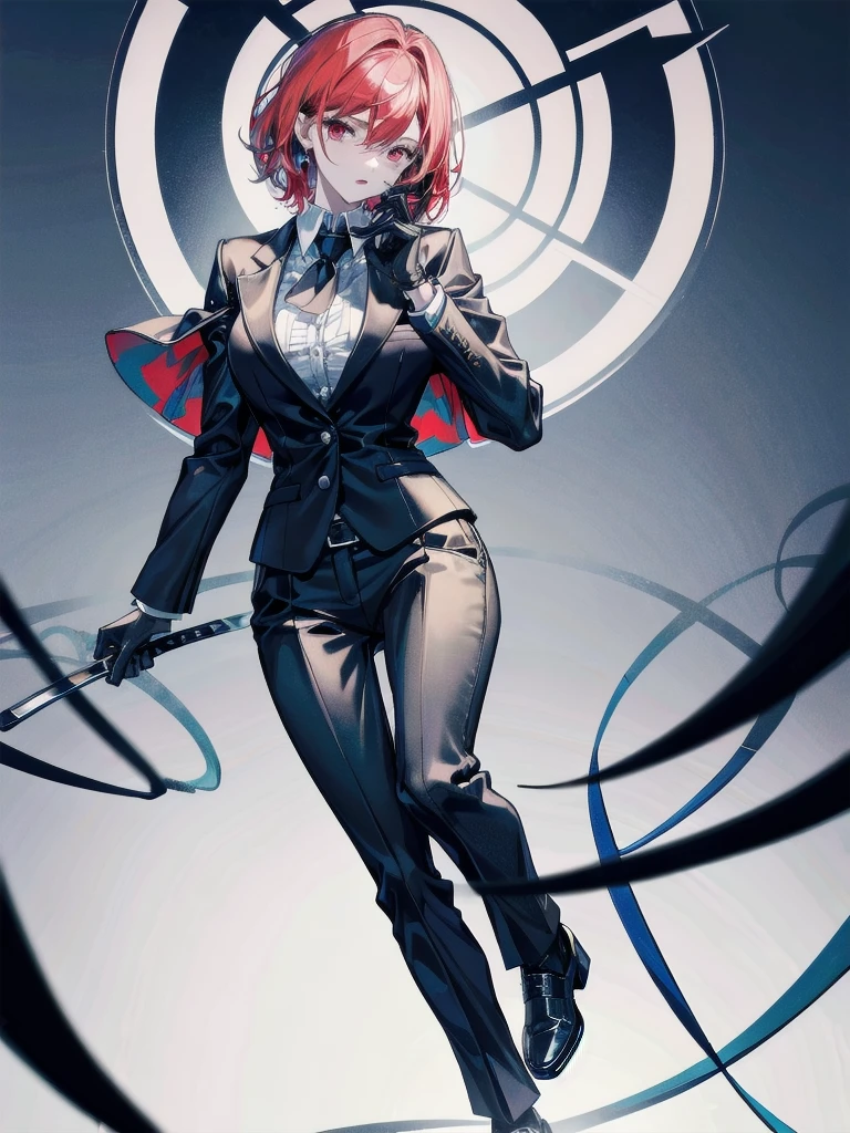 Black gloves, Formal suit, tie, Jacket, pants, absurdres, RAW photo, extremely delicate and beautiful, masterpiece, Best Quality, ultra high resolution, 32k, hyperrealistic, ultra-detailed, detailed description, pale skin, 20 years old, tearful mole, earring, short medium hair, wavy hair, full body shot, Redhead, Red eyes, big tits,