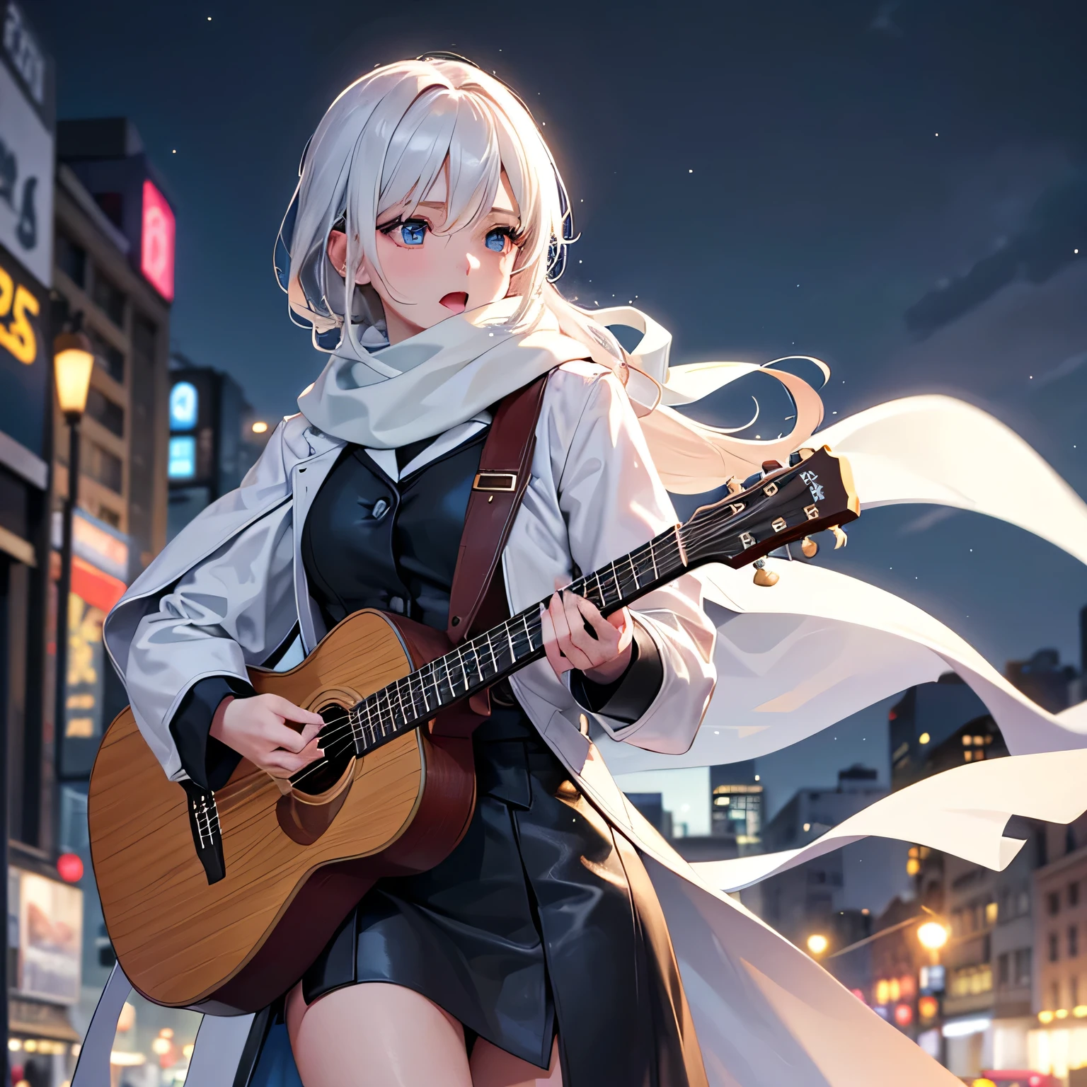 Best Images, 8k, RAW Photos, Realistic, detailed, delicate, Flashy and dynamic depiction, Under the cold sky、A woman performing on the street, Sing with all your heart, Her white breath, coat, scarf, Folk guitar, Background Night road, Professional Lighting