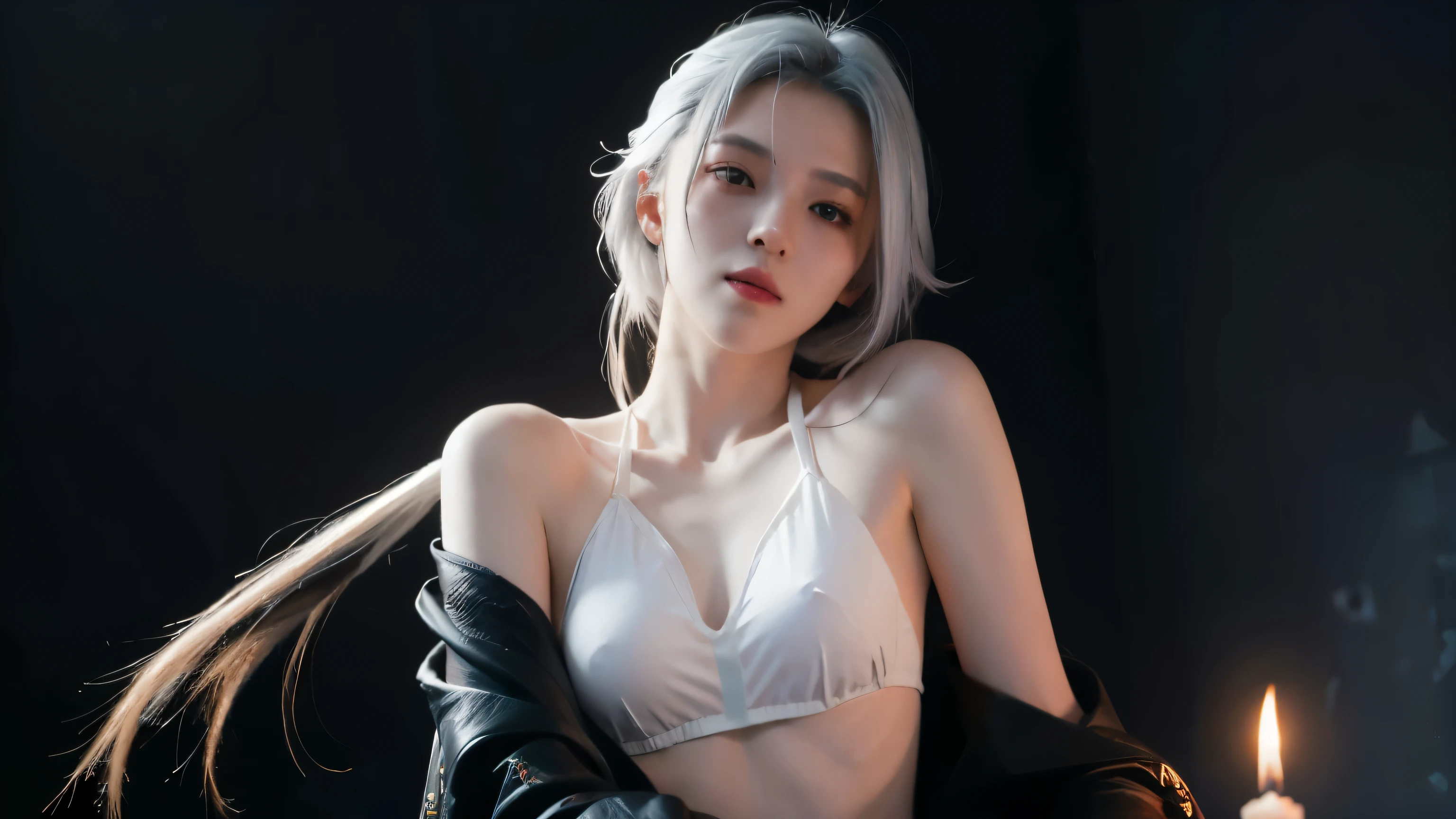 Genshin arlecchino, long white hair, wearing black bras and hood jacket, fire background , look at viewer