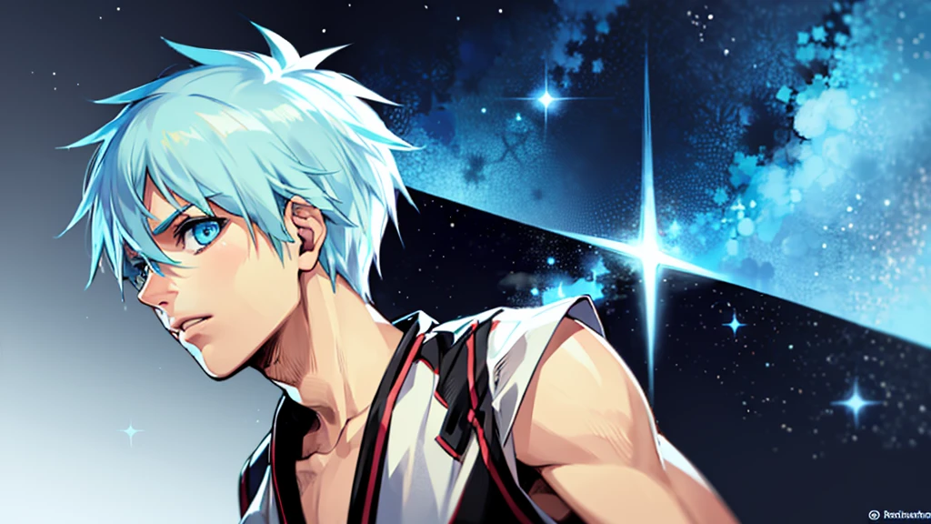 ((highest quality, super detailed,detailed eyes:1.3)),(((total 1 boy:1.2))),cool face,light blue hair,short,hair,light blue eyes,kuroko tetsuya,BREAK(basketball uniform:1.2)BREAK(aqua blue aura background:1.1)BREAK,(from side,cowboy shot,face focus:1.1),(boy on left:1.5),(looking at viewer:1.4)