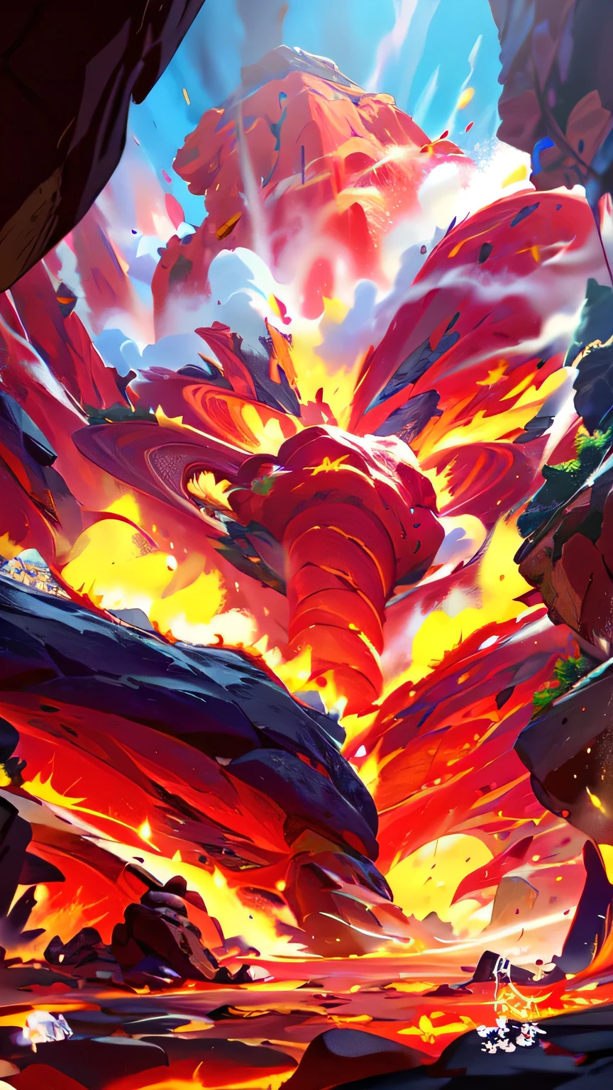 game illustration,Cartoon style，Not CG style， Lava ground，The floor is stone tiles，There is red magma in the cracks of the rocks, cloud, Sky, Tree, Fisheye lens，A character holding a sword stands on the right，There are several